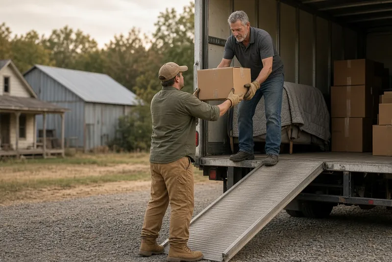 Two movers in dark work uniforms carrying a blanket-wrapped piece of furniture down the front steps of a house