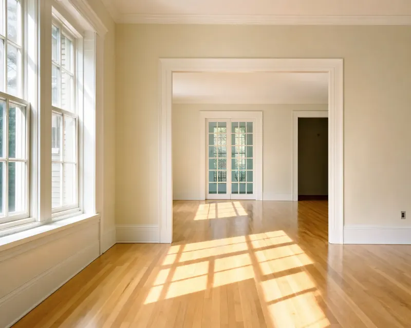 An empty, sunlit room with bare hardwood floors