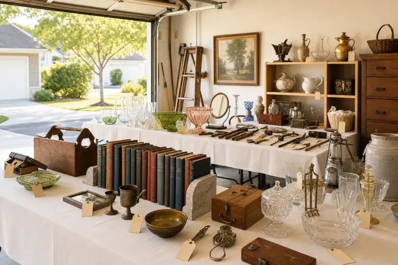 Vintage glassware, books, tools and antiques with price tags set out on tables in a garage